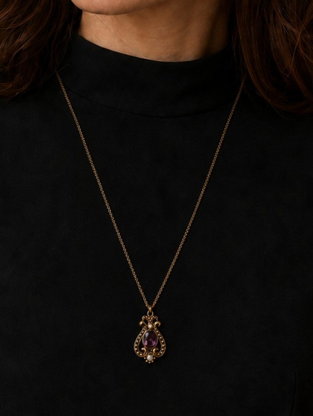 Avon Gold-Tone Necklace with Purple Teardrop and Pearl Accent
